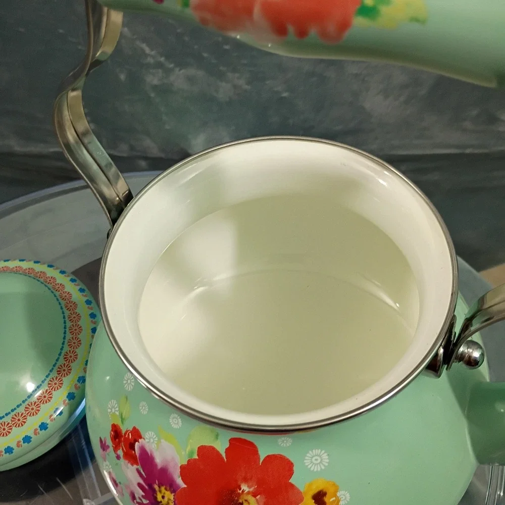 Pioneer Woman Breezy Blossom Enamel on Steel Tea Kettle Mint Green Floral 1.9L